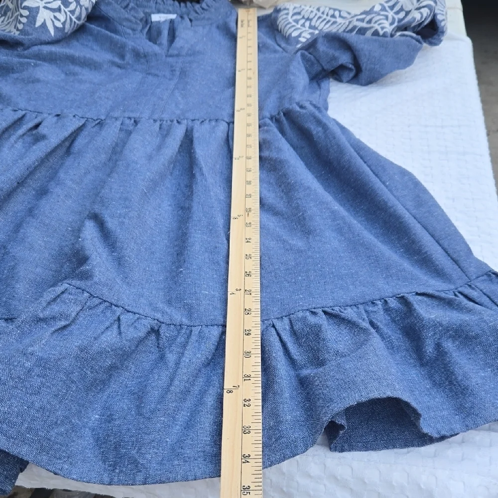 VOY Blue Dress with White Floral Sleeves Size M